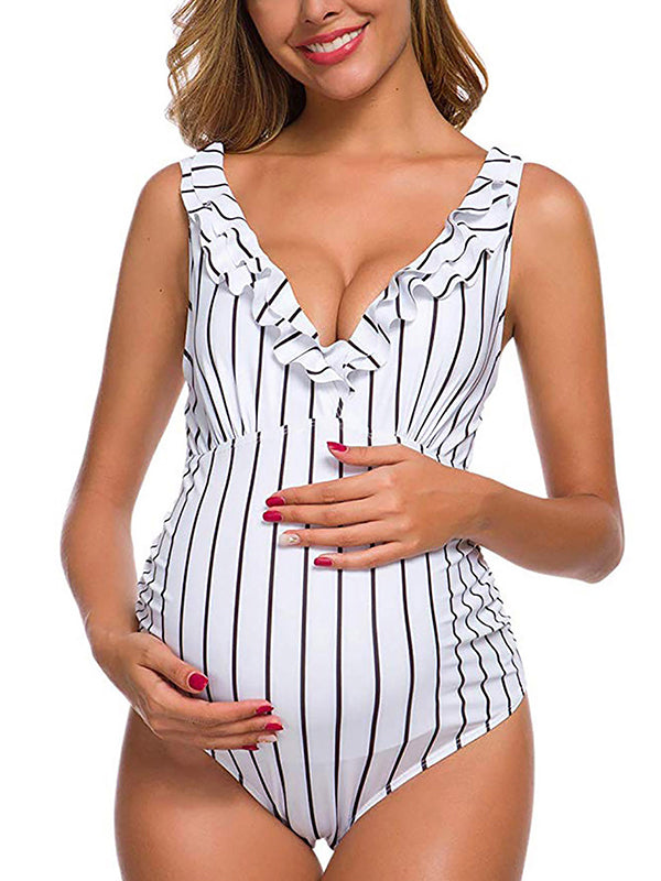 Momsmood Plus Size One Piece Falbala High Waisted Swimsuit Ruffles Deep V-neck Backless Push Up Bathing Suits Elegant Maternity Baby Moon Swimwear