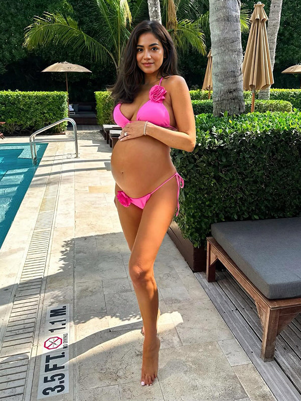 Momsmood Rose Carmine 3D Flower Bikini Set Two Piece Beach Vacation Fashion Maternity Swimsuit Swimwear