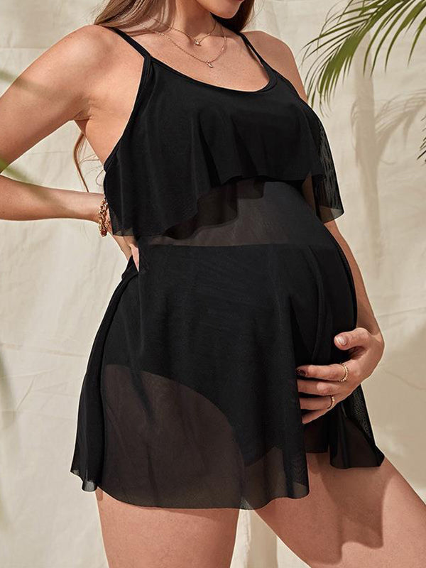 Momsmood Black Two Piece Chiffon Ruffle Sheer Cami Bathing Suits Beach Pool Bikini Chic Maternity Baby Moon Swimwear