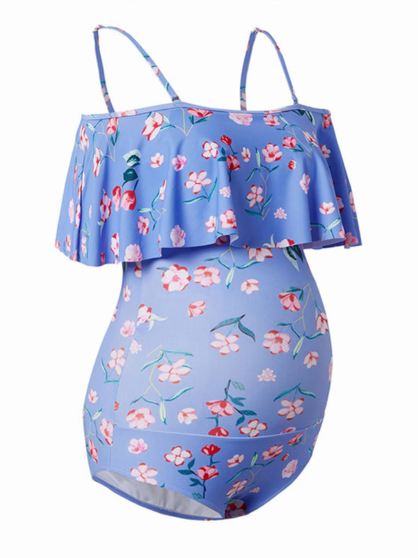 Momsmood Blue Floral Ruffle One Piece Fashion Beach Vacation Fashion Maternity Swimsuit Swimwear