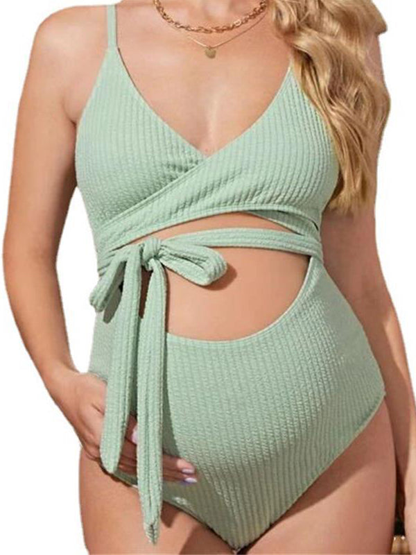 Momsmood Green Cut Out Crop Sashes Spaghetti Strap Backless One-Pieces Beach Maternity Swimwear