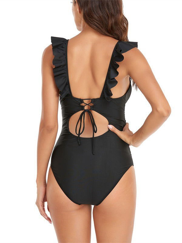 Momsmood Black Ruffle Back Cut Out One Piece Fashion Beach Vacation Fashion Maternity Swimsuit Swimwear