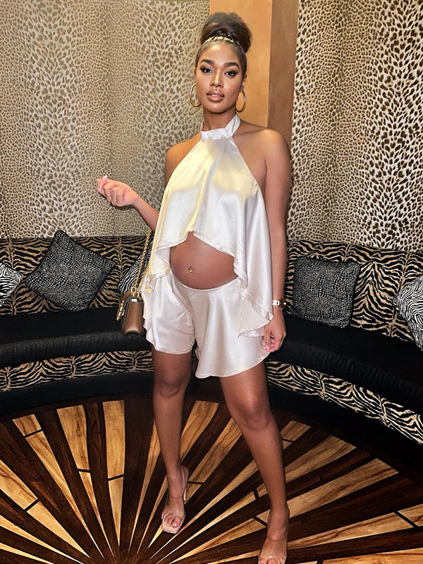 Momsmood Champagne Satin Cut Out Backless Halter Neck Crop Top And Shorts Chic Going Out Maternity Vacation Jumpsuit