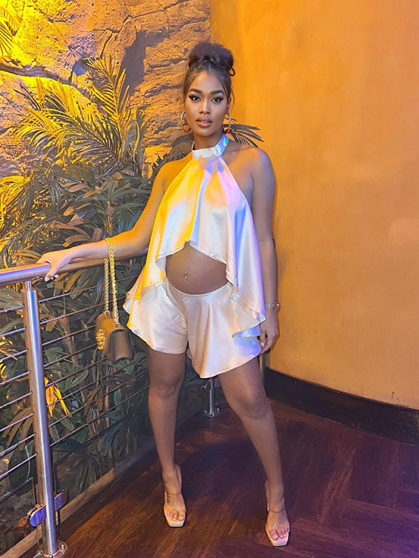 Momsmood Champagne Satin Cut Out Backless Halter Neck Crop Top And Shorts Chic Going Out Maternity Vacation Jumpsuit