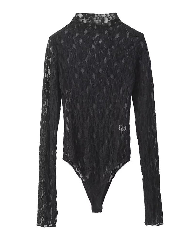 Momsmood  Black Lace Sheer 2-in-1 Long Sleeve Bodysuit Bodycon Photoshoot Maternity Jumpsuits
