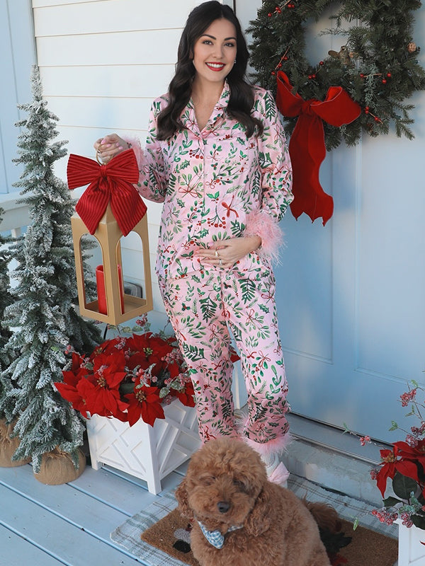 Momsmood Pink Christmas Santa Print Feather Slumber Party Elegant Maternity Pajama Set