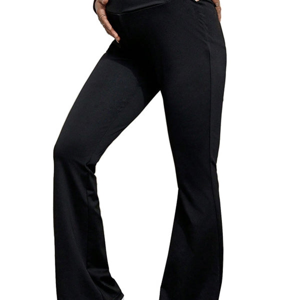 Momsmood Black Over The Belly Flare Bell Bottom High Waisted Work Cozy Pants Casual Maternity Trousers