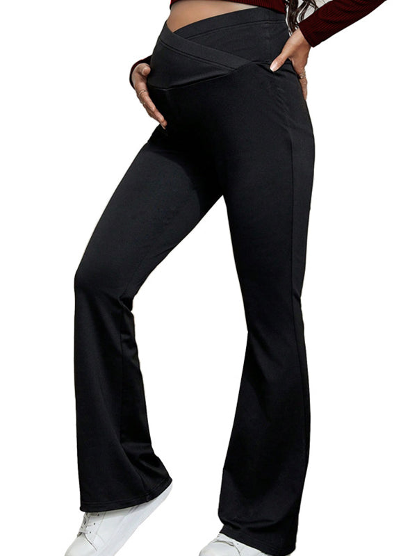 Momsmood Black Over The Belly Flare Bell Bottom High Waisted Work Cozy Pants Casual Maternity Trousers