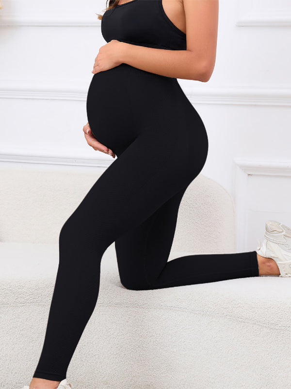Momsmood Solid Color High Waist Support Belts Daily Casual Sport Fashion Maternity Leggings