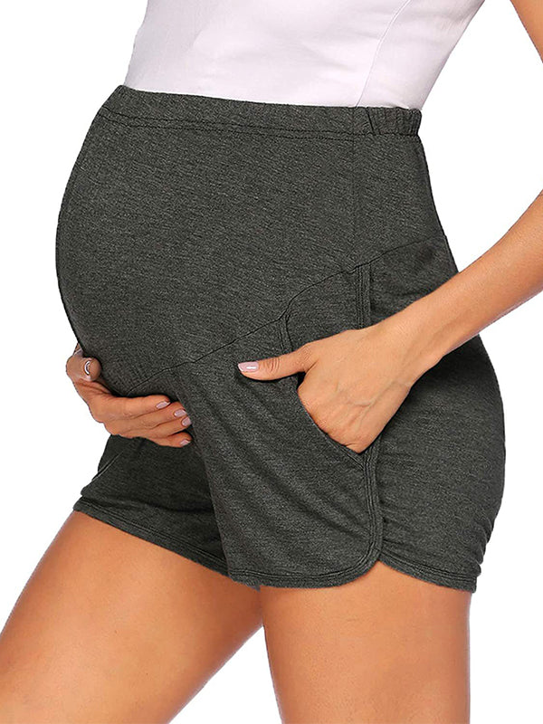 Momsmood Solid Color Over The Belly Side Slits Pockets High Waisted Workout Cozy Pants Casual Maternity Shorts