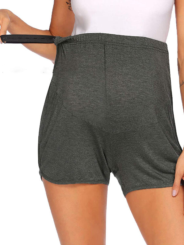 Momsmood Solid Color Over The Belly Side Slits Pockets High Waisted Workout Cozy Pants Casual Maternity Shorts