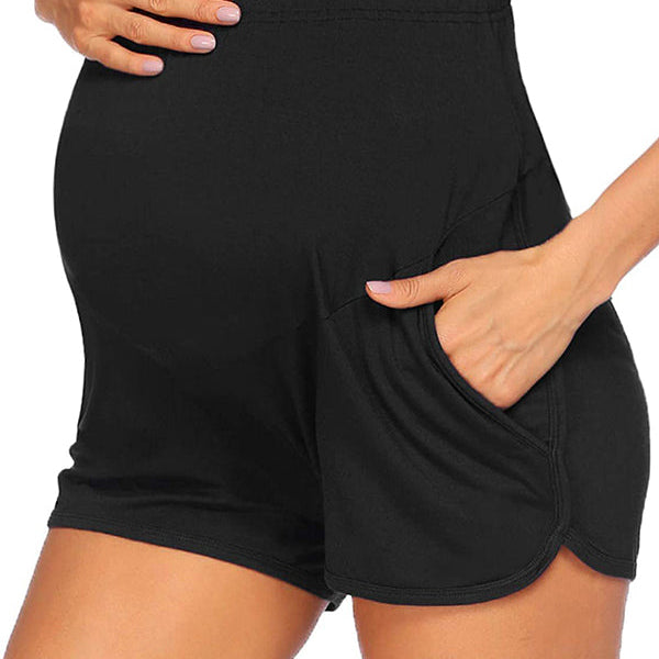 Momsmood Solid Color Over The Belly Side Slits Pockets High Waisted Workout Cozy Pants Casual Maternity Shorts