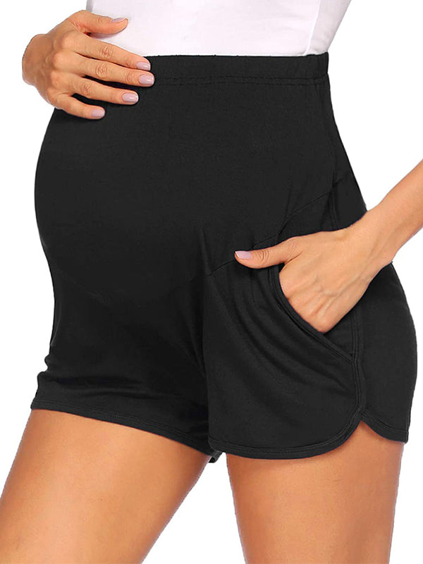 Momsmood Solid Color Over The Belly Side Slits Pockets High Waisted Workout Cozy Pants Casual Maternity Shorts