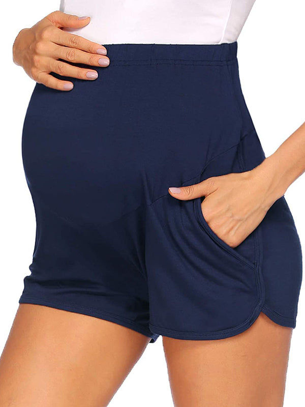 Momsmood Solid Color Over The Belly Side Slits Pockets High Waisted Workout Cozy Pants Casual Maternity Shorts