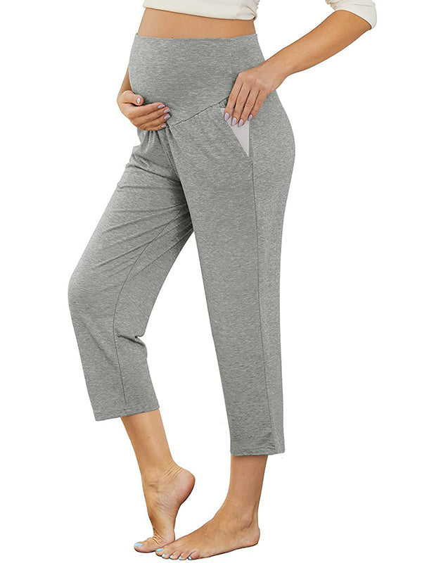 Momsmood Solid Color Over The Belly Pockets High Waisted Workout Cozy Straight Pants Casual Maternity Trousers