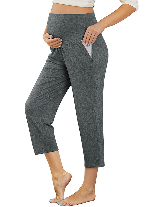Momsmood Solid Color Over The Belly Pockets High Waisted Workout Cozy Straight Pants Casual Maternity Trousers