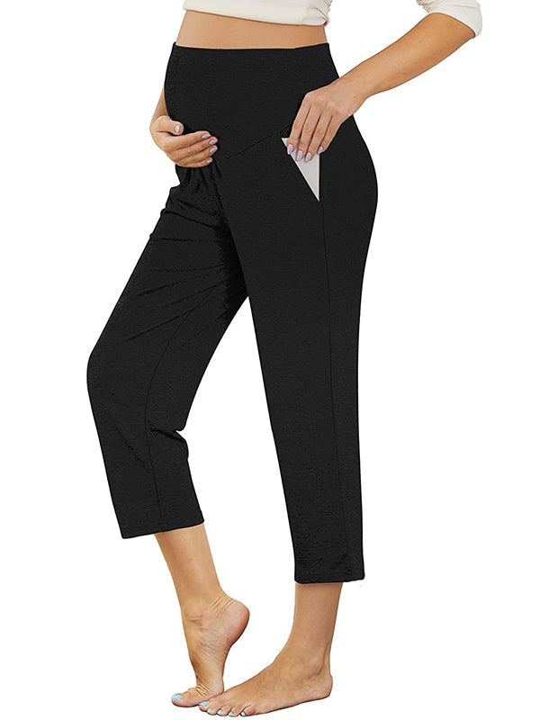 Momsmood Solid Color Over The Belly Pockets High Waisted Workout Cozy Straight Pants Casual Maternity Trousers