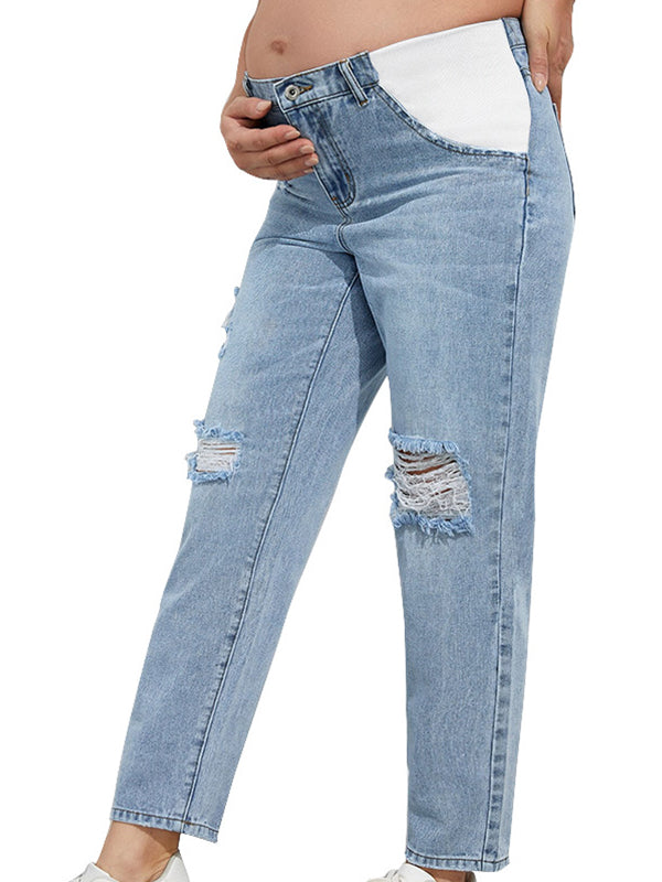 Momsmood Straight Leg Comfy Stretch Low-Rise Ripped Distressed Denim Pregnancy Pants Casual Boyfriend Maternity Jeans