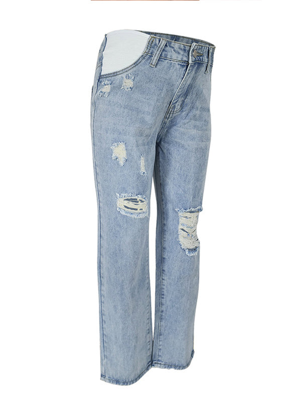 Momsmood Straight Leg Comfy Stretch Low-Rise Ripped Distressed Denim Pregnancy Pants Casual Boyfriend Maternity Jeans