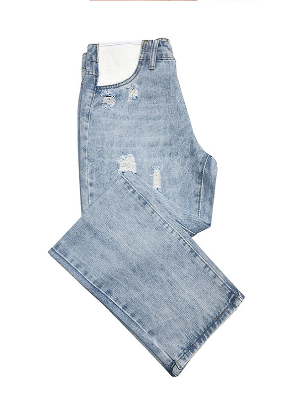 Momsmood Straight Leg Comfy Stretch Low-Rise Ripped Distressed Denim Pregnancy Pants Casual Boyfriend Maternity Jeans