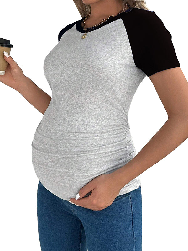 Momsmood Black Colour Blocking Short Sleeve Daily Casual Going Out Maternity Top Tee