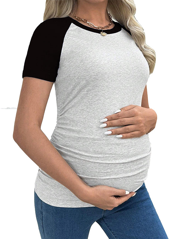 Momsmood Black Colour Blocking Short Sleeve Daily Casual Going Out Maternity Top Tee