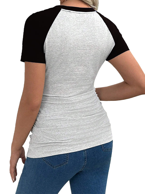 Momsmood Black Colour Blocking Short Sleeve Daily Casual Going Out Maternity Top Tee