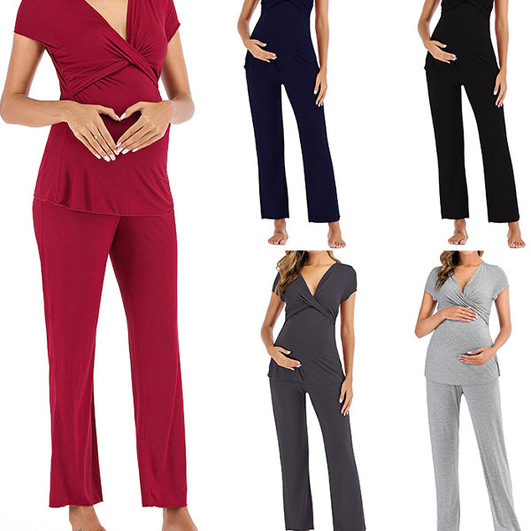 Momsmood 2 Sets Solid Color Daily Casual Going Out Soft Maternity Nursing Suits