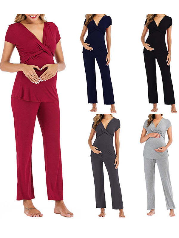 Momsmood 2 Sets Solid Color Daily Casual Going Out Soft Maternity Nursing Suits