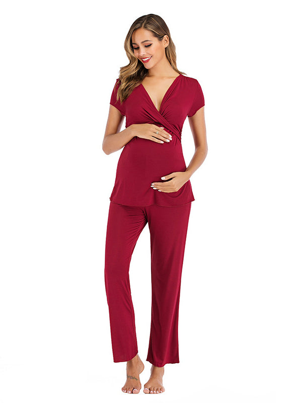 Momsmood 2 Sets Solid Color Daily Casual Going Out Soft Maternity Nursing Suits