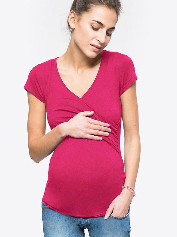 Momsmood Cross Front V-Neck Breastfeeding Shirts Postpartum T-Shirt Plus Size Nursing Top