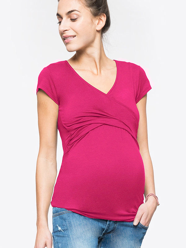 Momsmood Cross Front V-Neck Breastfeeding Shirts Postpartum T-Shirt Plus Size Nursing Top