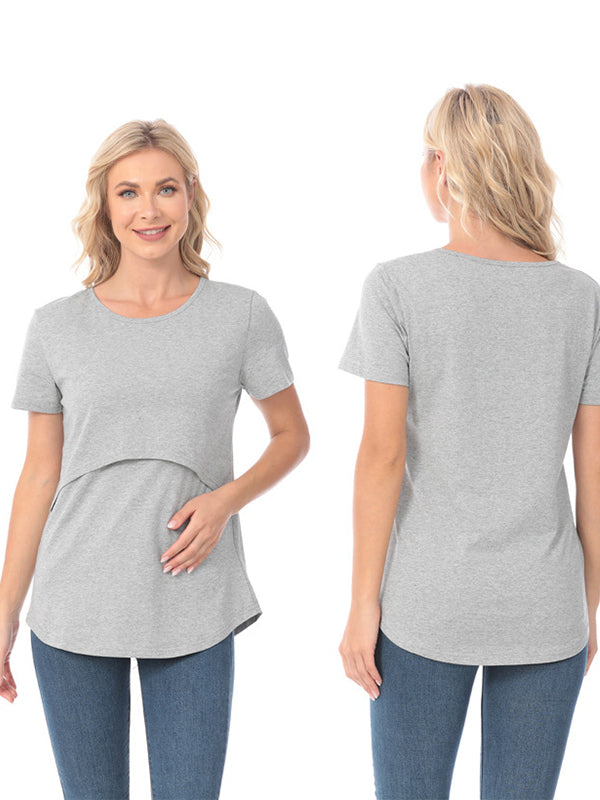 Momsmood Solid Color Double Layer Short Sleeve Daily Casual Going Out Maternity Nursing Tee