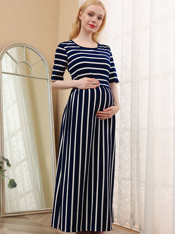 Momsmood Dark Blue Striped Short Sleeve Daily Casual Breastfeeding Going Out Maternity Nursing Maxi Dress