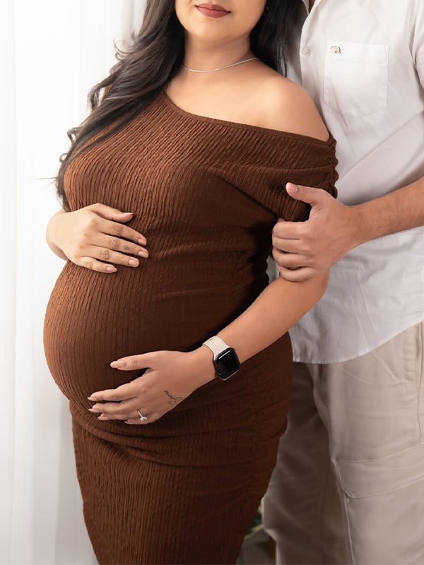 Momsmood Dark Brown One Shoulder Smocked Bodycon Elegant Photoshoot Baby Shower Maternity Maxi Dress