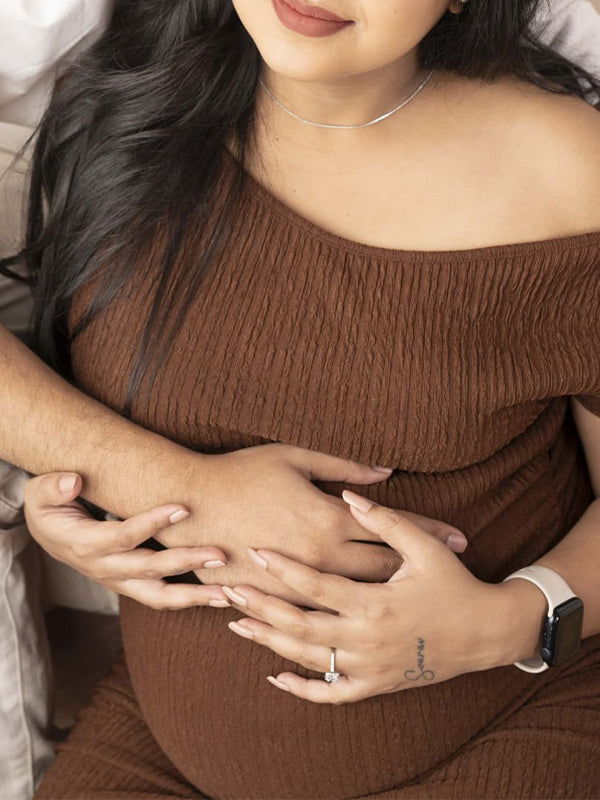 Momsmood Dark Brown One Shoulder Smocked Bodycon Elegant Photoshoot Baby Shower Maternity Maxi Dress