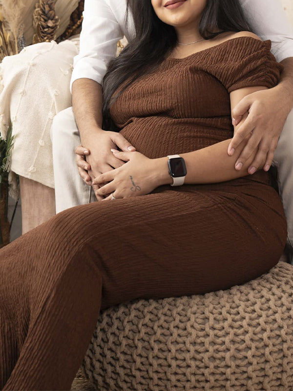 Momsmood Dark Brown One Shoulder Smocked Bodycon Elegant Photoshoot Baby Shower Maternity Maxi Dress