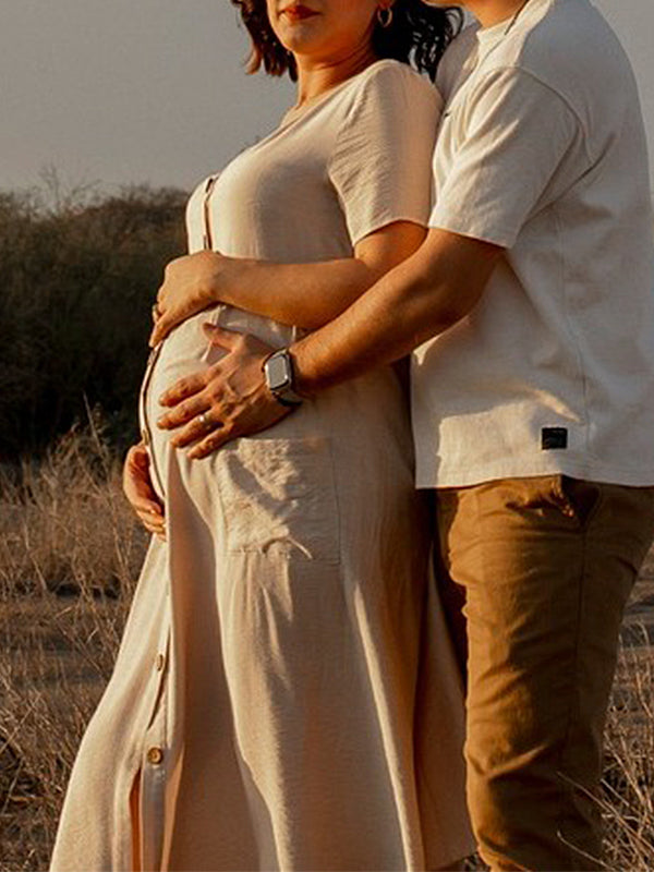 Momsmood Apricot Buttons Pockets Flowy Casual Photoshoot Baby Shower Maternity Maxi Dress