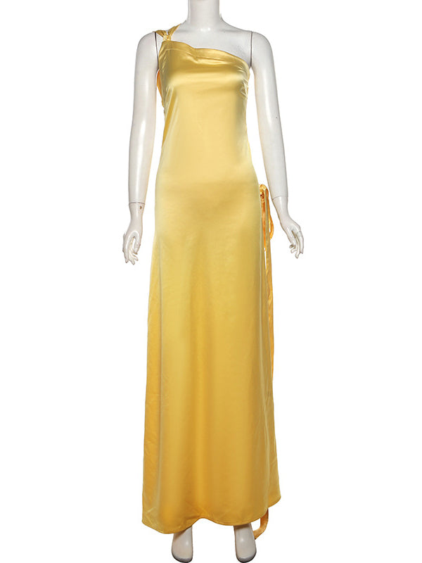 Momsmood Yellow One Shoulder Backless Tie Mermaid Evening Gown Photoshoot Baby Shower Maternity Maxi Dress