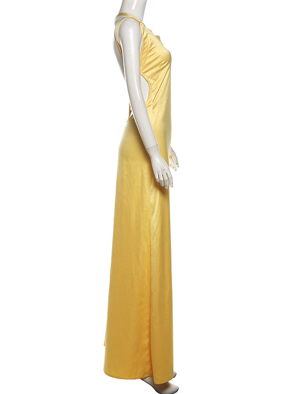 Momsmood Yellow One Shoulder Backless Tie Mermaid Evening Gown Photoshoot Baby Shower Maternity Maxi Dress