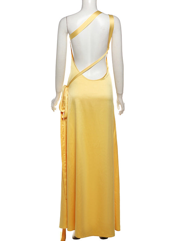 Momsmood Yellow One Shoulder Backless Tie Mermaid Evening Gown Photoshoot Baby Shower Maternity Maxi Dress