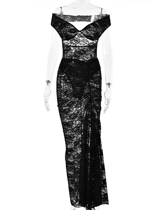 Momsmood Lace Off Shoulder Backless Bodysuit And Ruched Side Slit Bodycon Skirt Two Piece Set Elegant Sheer Maternity Photoshoot Maxi Dress