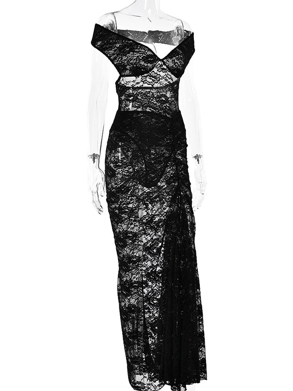 Momsmood Lace Off Shoulder Backless Bodysuit And Ruched Side Slit Bodycon Skirt Two Piece Set Elegant Sheer Maternity Photoshoot Maxi Dress