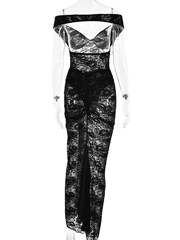 Momsmood Lace Off Shoulder Backless Bodysuit And Ruched Side Slit Bodycon Skirt Two Piece Set Elegant Sheer Maternity Photoshoot Maxi Dress