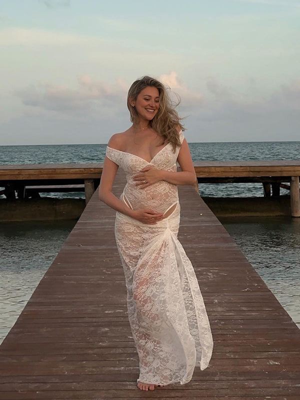 Momsmood Lace Off Shoulder Backless Bodysuit And Ruched Side Slit Bodycon Skirt Two Piece Set Elegant Sheer Maternity Photoshoot Maxi Dress