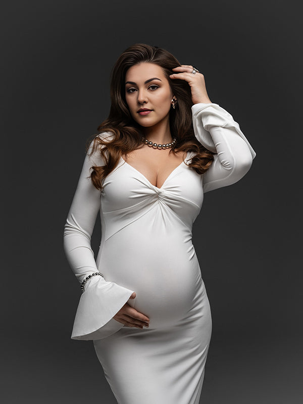 Momsmood White Cross Chest Ruched Ruffle Falbala Sweetheart Neckline Flare Sleeve Bodycon Mermaid Elegant Maternity Photoshoot Maxi Dress