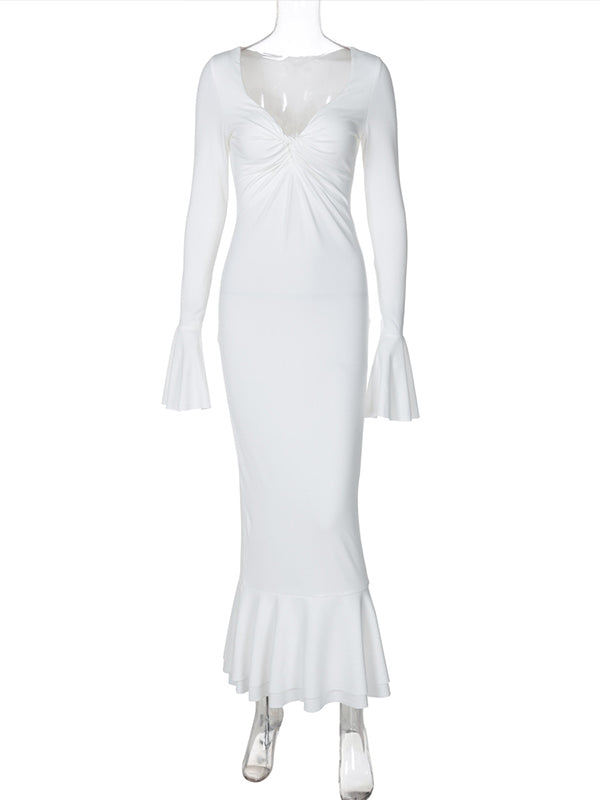 Momsmood White Cross Chest Ruched Ruffle Falbala Sweetheart Neckline Flare Sleeve Bodycon Mermaid Elegant Maternity Photoshoot Maxi Dress