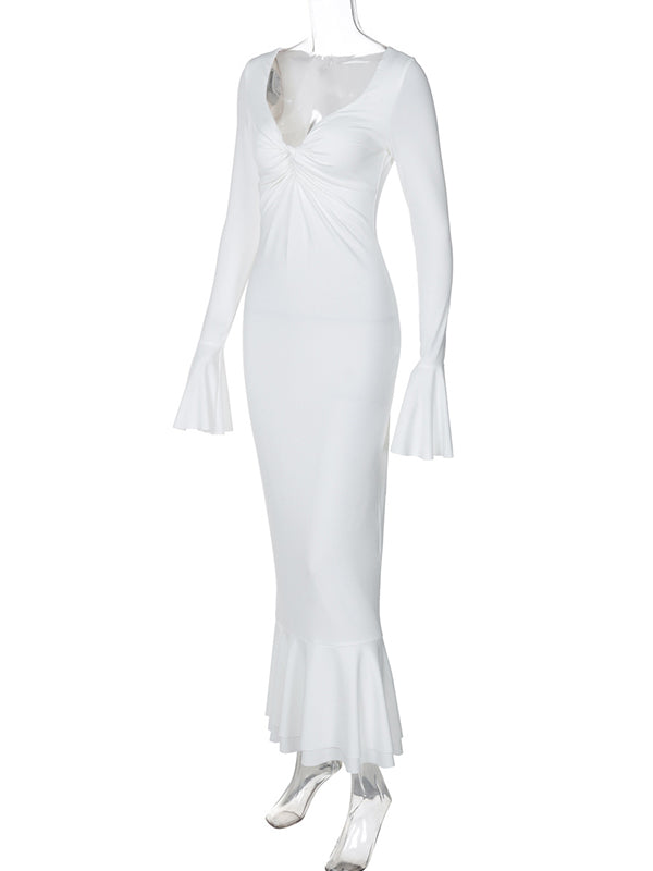 Momsmood White Cross Chest Ruched Ruffle Falbala Sweetheart Neckline Flare Sleeve Bodycon Mermaid Elegant Maternity Photoshoot Maxi Dress
