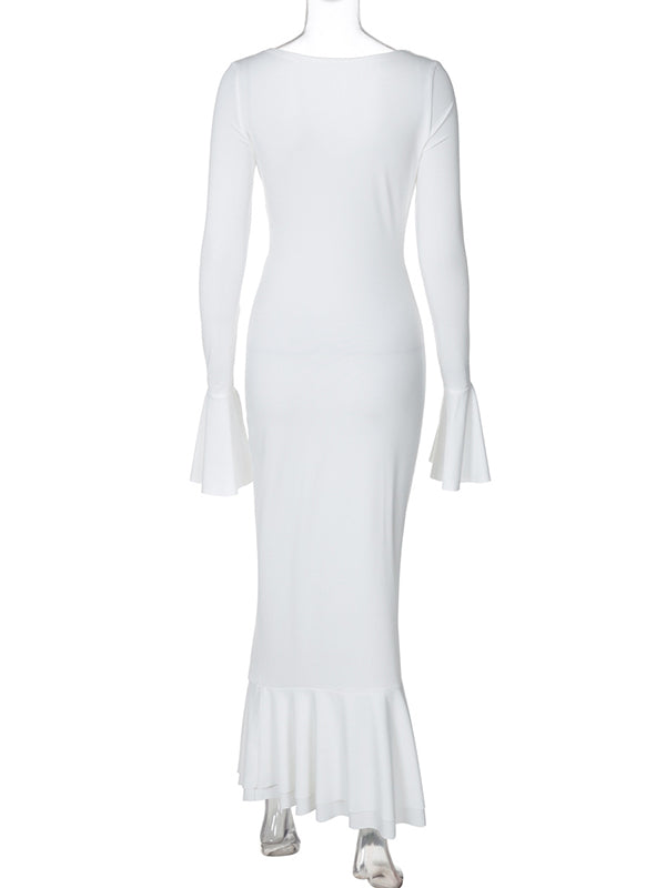 Momsmood White Cross Chest Ruched Ruffle Falbala Sweetheart Neckline Flare Sleeve Bodycon Mermaid Elegant Maternity Photoshoot Maxi Dress