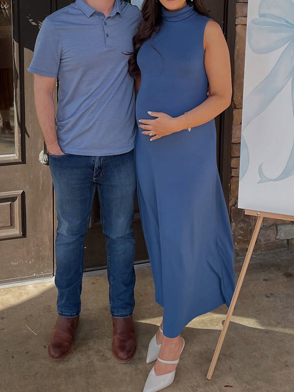 Momsmood Dark Blue High Neck Sleeveless Bodycon Mermaid Elegant Going Out Maternity Baby Shower Maxi Dress